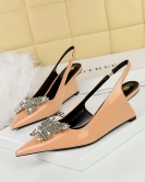 High -heeled slopes and patent leather shallow mouth cut -end hollow cutout metal rhinestone bow single shoes women's shoes