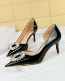 Wind banquet Women's shoes high heels, fine heel pointed patent leather side hollow rhinestone buckle single shoes women