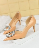 Wind banquet Women's shoes high heels, fine heel pointed patent leather side hollow rhinestone buckle single shoes women