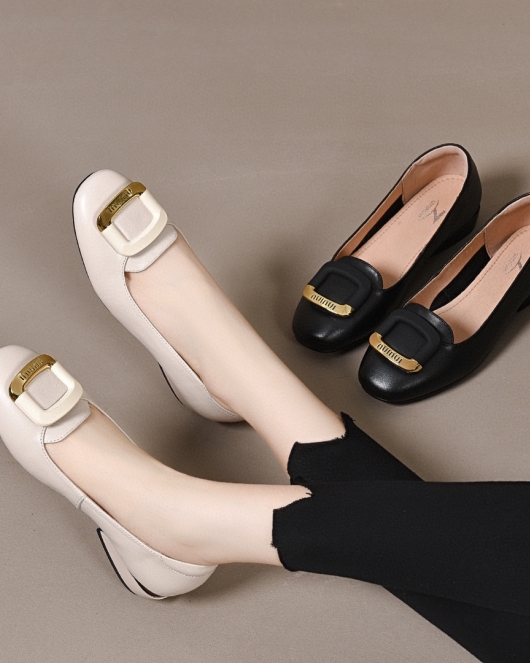 Round head flat shoes female spring and summer square buckle superficial cowhide comfort shoes low heel lazy shoes