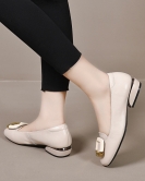 Round head flat shoes female spring and summer square buckle superficial cowhide comfort shoes low heel lazy shoes