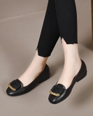 Round head flat shoes female spring and summer square buckle superficial cowhide comfort shoes low heel lazy shoes