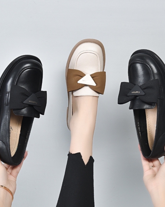 Round -headed shoes Spring bow flat bottom small leather shoes, kicking head layer cowhide single shoes