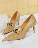 Retro fashion women's shoes fine heel high heel deep mouth pointed metal buckle decoration women's single shoes deep mouth shoes