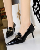 Retro fashion women's shoes fine heel high heel deep mouth pointed metal buckle decoration women's single shoes deep mouth shoes