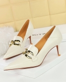 Retro fashion women's shoes fine heel high heel deep mouth pointed metal buckle decoration women's single shoes deep mouth shoes