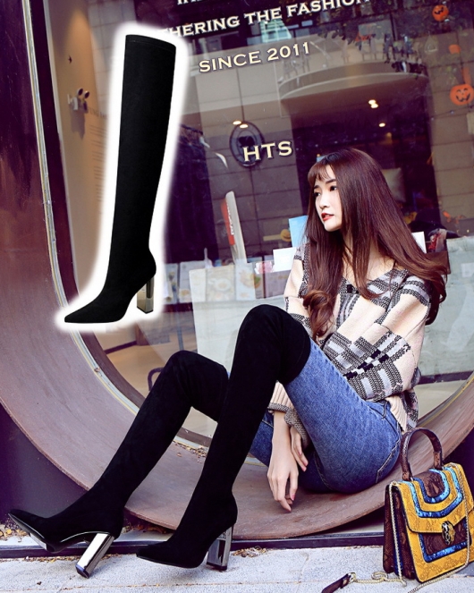 Fashion metal heel thick heels, high -heeled pointed pointed sexy nightclubs show thin feet over -the -knee boots