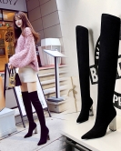 Fashion metal heel thick heels, high -heeled pointed pointed sexy nightclubs show thin feet over -the -knee boots