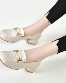 Round -headed shoes spring and autumn style square head temperament single shoe press flower cowhide thick heels one shoes two women's shoes