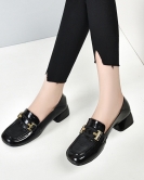 Round -headed shoes spring and autumn style square head temperament single shoe press flower cowhide thick heels one shoes two women's shoes