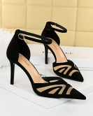 Short and thin heel high heels in front of the shallow pointed spike sexy nightclub mesh hollow one word sandals with sandals