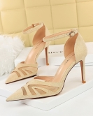 Short and thin heel high heels in front of the shallow pointed spike sexy nightclub mesh hollow one word sandals with sandals