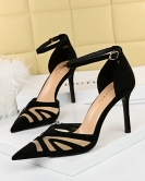 Short and thin heel high heels in front of the shallow pointed spike sexy nightclub mesh hollow one word sandals with sandals