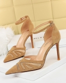 Short and thin heel high heels in front of the shallow pointed spike sexy nightclub mesh hollow one word sandals with sandals