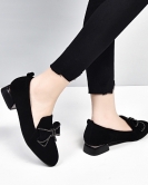 Round head flat shoes Women's shoes Spring bow rhinestone black sheepskin women's single shoes