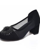 Round -head mesh single shoes female spring and summer black sheepskin and sun flower shoes two heels high fashion shoes