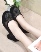 Round -head mesh single shoes female spring and summer black sheepskin and sun flower shoes two heels high fashion shoes