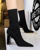 Wind metal and simple thick heel high -heeled pointed elastic Laika Laboh sexy nightclub short boots