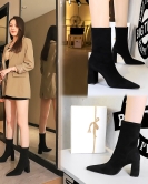 Fashionable, simple and wild thick -heeled velvet, pointed pointed sexy nightclub, thin short boots