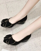 Women's shoes spring small incense wind bow small single shoes black sheepskin rhinestone round head shoes