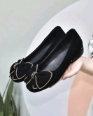 Women's shoes spring small incense wind bow small single shoes black sheepskin rhinestone round head shoes