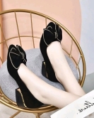 Women's shoes spring small incense wind bow small single shoes black sheepskin rhinestone round head shoes