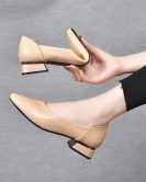 Pointed high -heeled shoes spring and summer simple temperament shallow mouth four seasons women's toe layer cowhide low heel work shoes