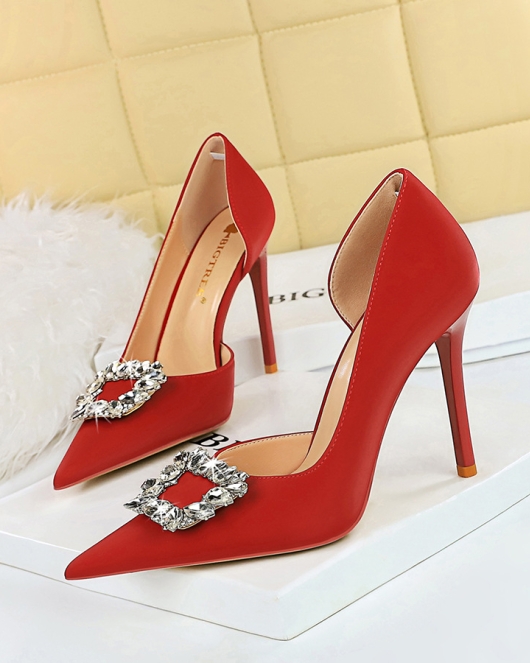 Banquet high -heeled shoe fine heel super high heel pointed pointed pointed pointed cutout metal rhinestone buckle winding single shoes