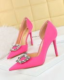 Banquet high -heeled shoe fine heel super high heel pointed pointed pointed pointed cutout metal rhinestone buckle winding single shoes