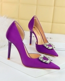 Banquet high -heeled shoe fine heel super high heel pointed pointed pointed pointed cutout metal rhinestone buckle winding single shoes