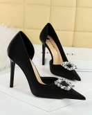 Banquet high -heeled shoe fine heel super high heel pointed pointed pointed pointed cutout metal rhinestone buckle winding single shoes