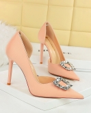 Banquet high -heeled shoe fine heel super high heel pointed pointed pointed pointed cutout metal rhinestone buckle winding single shoes