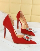 Banquet high -heeled shoe fine heel super high heel pointed pointed pointed pointed cutout metal rhinestone buckle winding single shoes