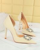 Banquet high -heeled shoe fine heel super high heel pointed pointed pointed pointed cutout metal rhinestone buckle winding single shoes