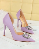 Banquet high -heeled shoe fine heel super high heel pointed pointed pointed pointed cutout metal rhinestone buckle winding single shoes