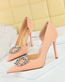 Banquet high -heeled shoe fine heel super high heel pointed pointed pointed pointed cutout metal rhinestone buckle winding single shoes