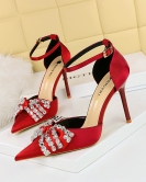 Wind summer high -heeled shoes Women's shoes shallow mouth pointed rhinestone bow bowls of hollow words with sandals