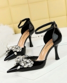 Banquet Women's Shoes Pacific High -Hee Qiankou Empty Diamond Powder Bow with a word with sandals