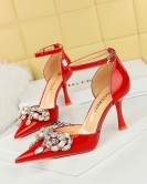 Banquet Women's Shoes Pacific High -Hee Qiankou Empty Diamond Powder Bow with a word with sandals