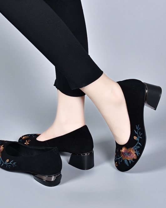 Round -headed shoes female ethnic wind embroidery flower retro single shoes sheepskin mouth comfortable high heel flat shoes