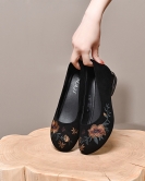 Round -headed shoes female ethnic wind embroidery flower retro single shoes sheepskin mouth comfortable high heel flat shoes