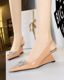 Women's shoes slope High -heeled patent leather shallow pointed metal rhinestone buckle hollowed out and stumbling single shoes