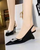 Women's shoes slope High -heeled patent leather shallow pointed metal rhinestone buckle hollowed out and stumbling single shoes