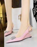 Women's shoes slope High -heeled patent leather shallow pointed metal rhinestone buckle hollowed out and stumbling single shoes