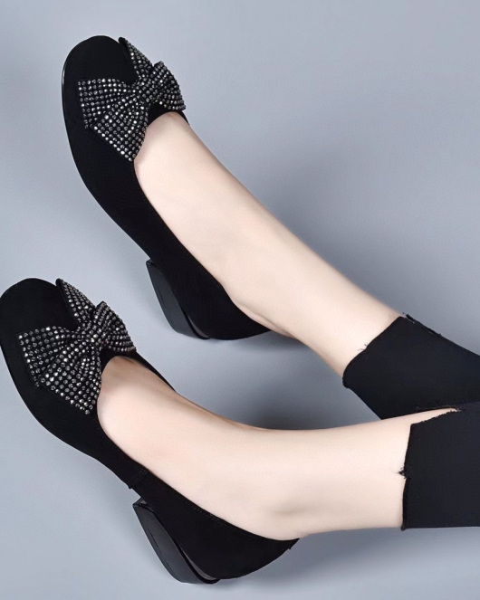 Single shoe female early autumn round head light mouth flat flat shoes black sheepskin bow rhinestone shoes