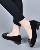 Single shoe female early autumn round head light mouth flat flat shoes black sheepskin bow rhinestone shoes