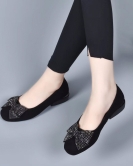 Single shoe female early autumn round head light mouth flat flat shoes black sheepskin bow rhinestone shoes