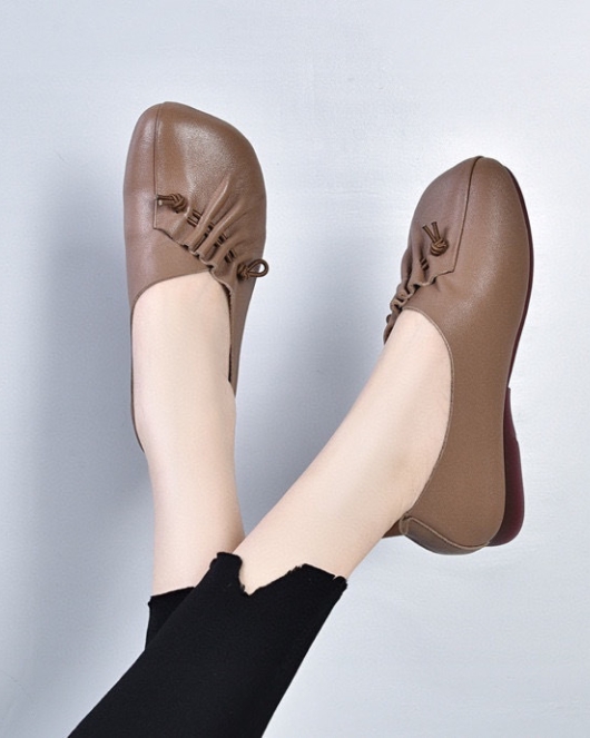 Spring and summer soft leather soft bottom retro grandmother's toe -layer cowhide square head flat shoes lazy shoes