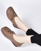 Spring and summer soft leather soft bottom retro grandmother's toe -layer cowhide square head flat shoes lazy shoes