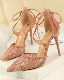 Wind sexy high -heeled high -heeled high -heeled high -heeled sharp -headed tip -like mesh lace cross with hollow sandals